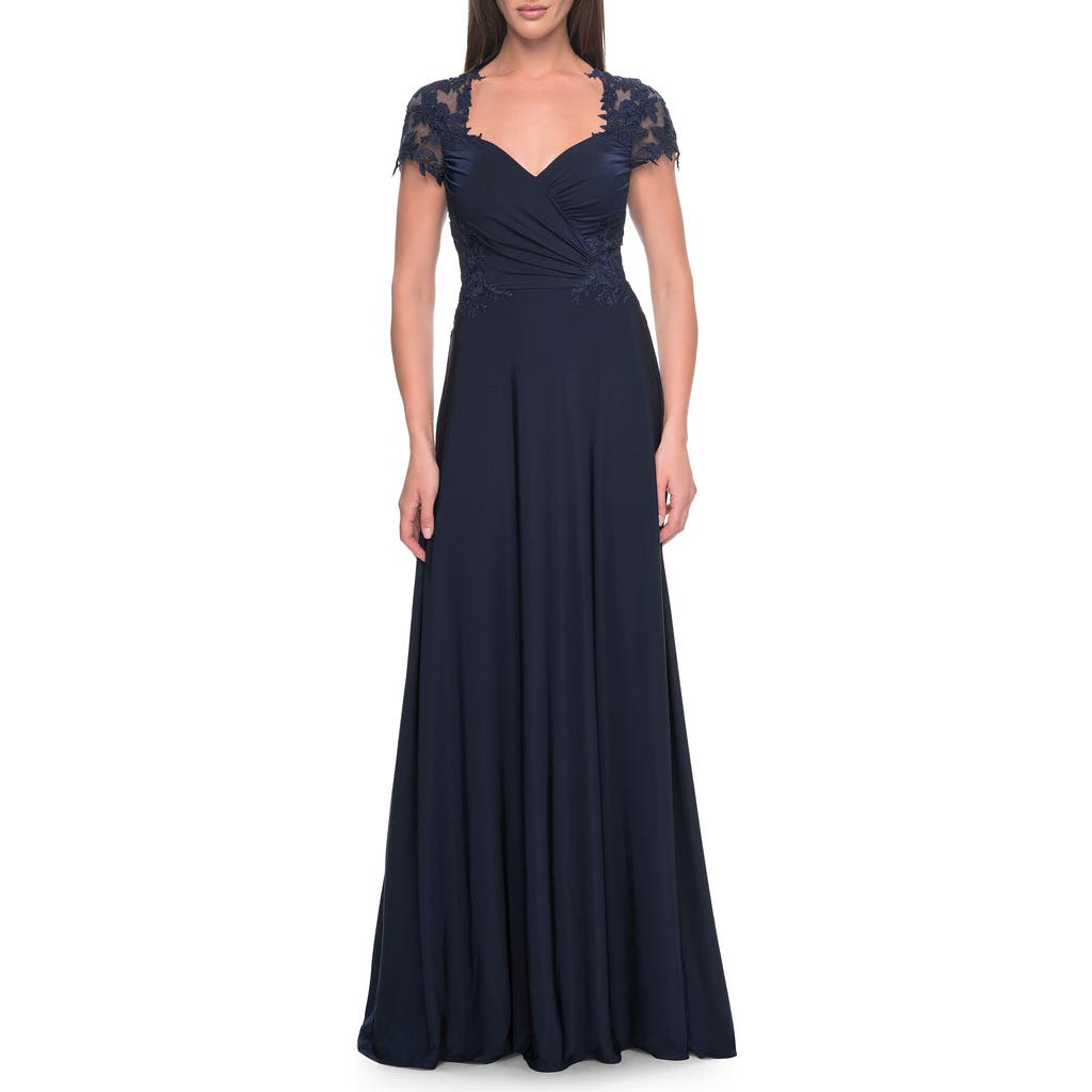La Femme Elegant Jersey Evening Dress With Lace Details In Navy