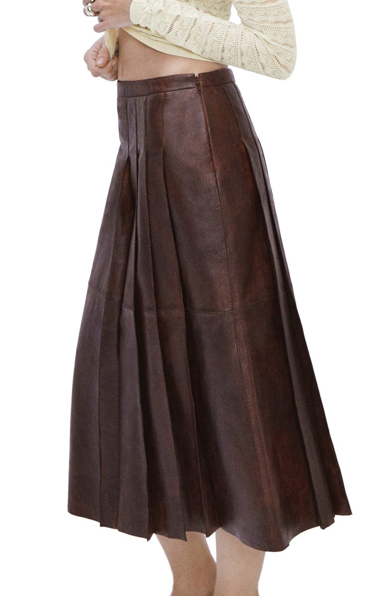 MANGO Pleated Leather Midi Skirt, Alternate, color,