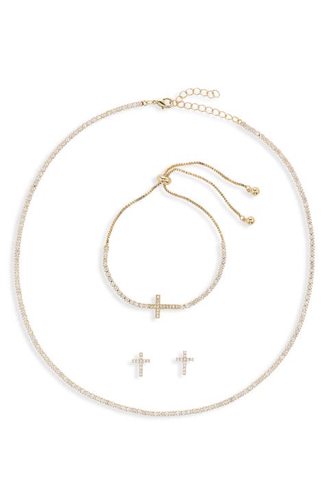 3-Piece Cubic Zirconia Tennis Cross Jewelry Set