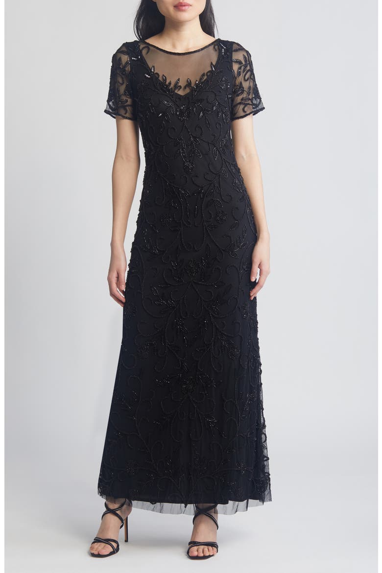 Floral Beaded Short Sleeve A-Line Gown, Main, color, BLACK