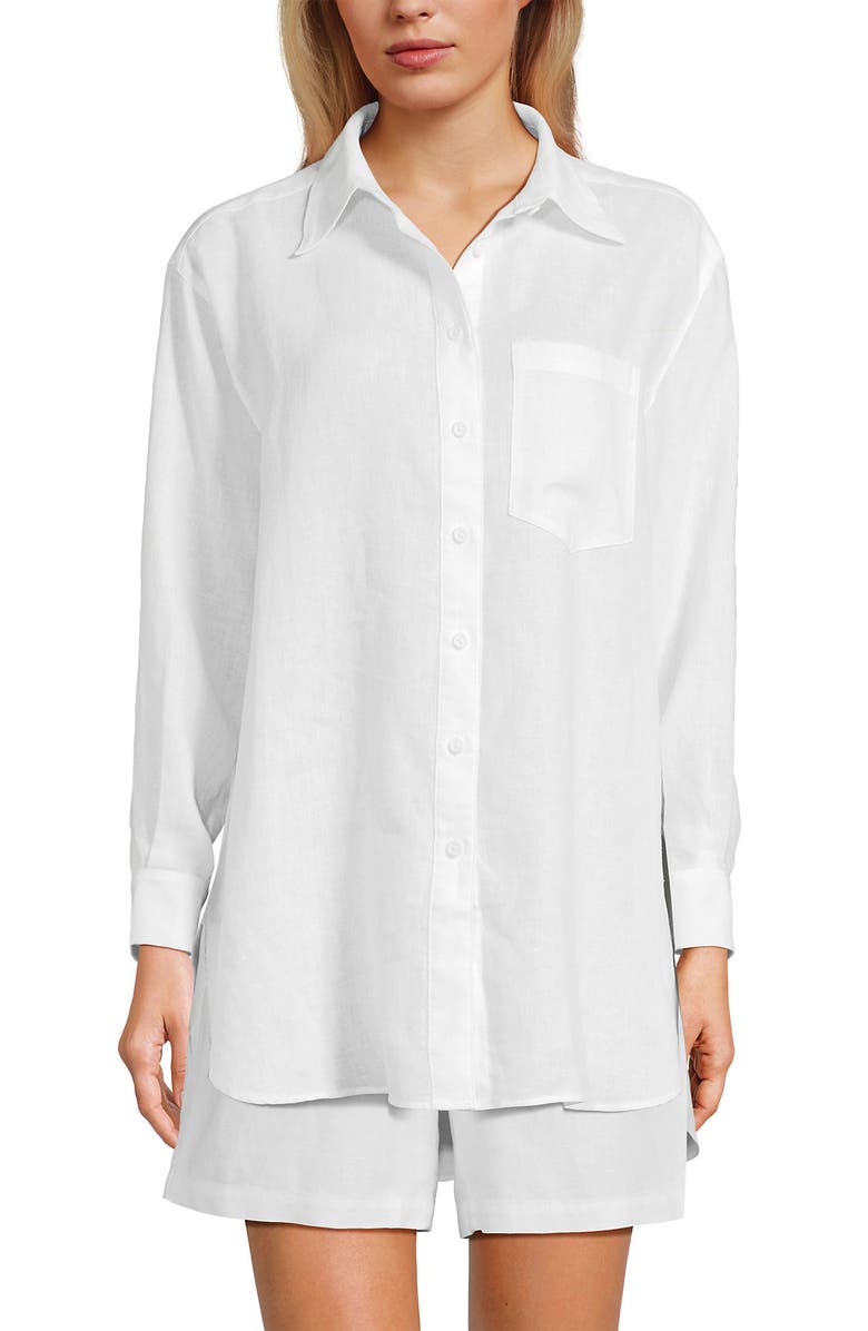Lands' End Linen Oversized Button Front Shirt, Main, color, White