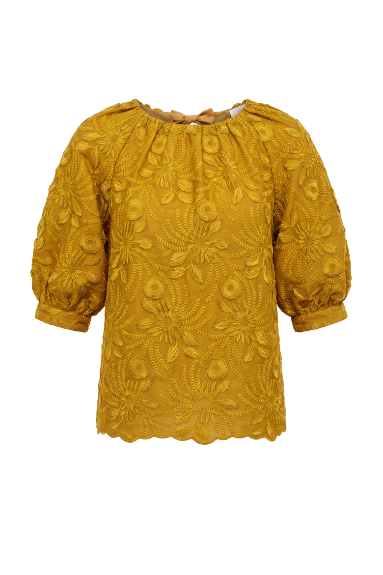 Kaia 3D Embroidered Satin Top, Main, color, Goldenrod