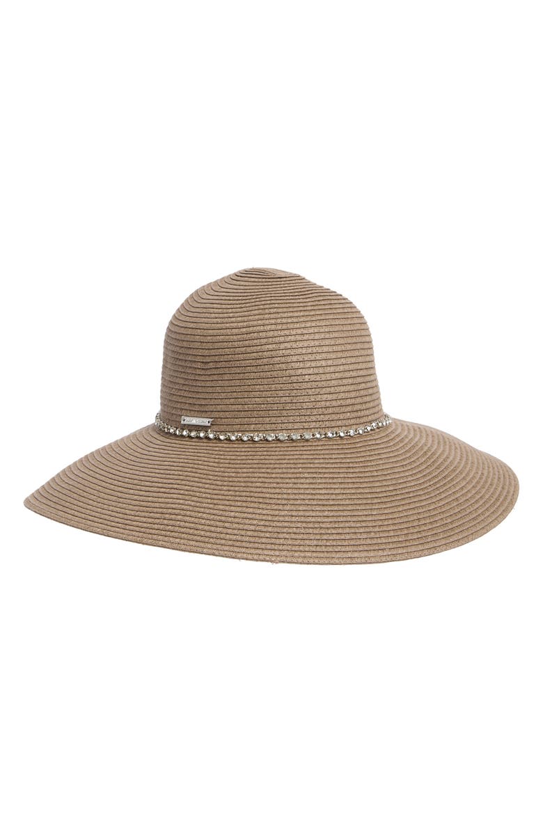 Vince Camuto Rhinestone Trim Straw Floppy Hat, Main, color, 