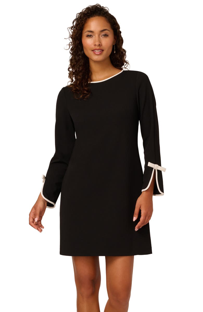Adrianna Papell Long Sleeve Contrast Trim Crepe Dress, Alternate, color, Black/ Ivory