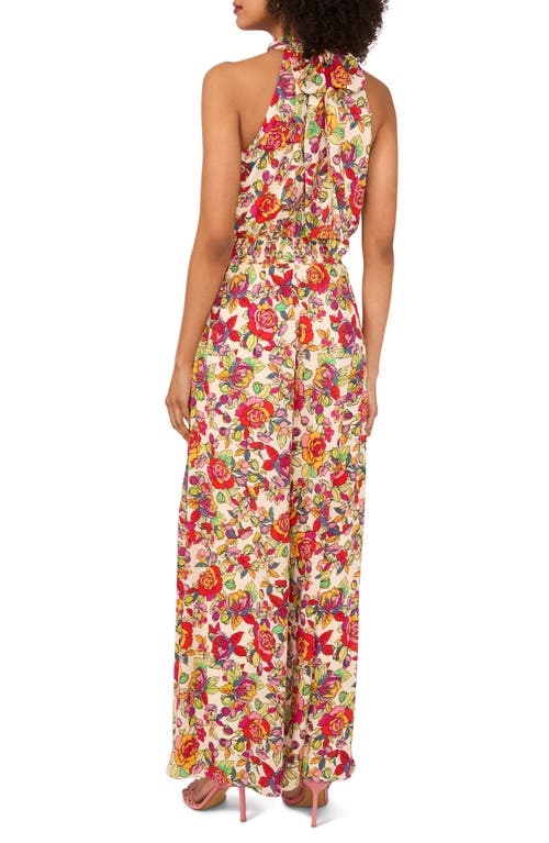 Shop Vince Camuto Floral Print Smocked Waist Sleeveless Wide Leg Jumpsuit In Red