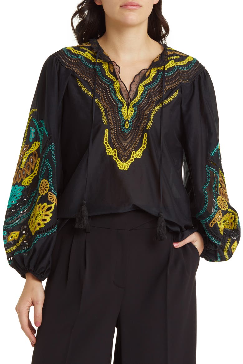 Embroidered Cotton & Silk Peasant Top, Main, color, BLACK