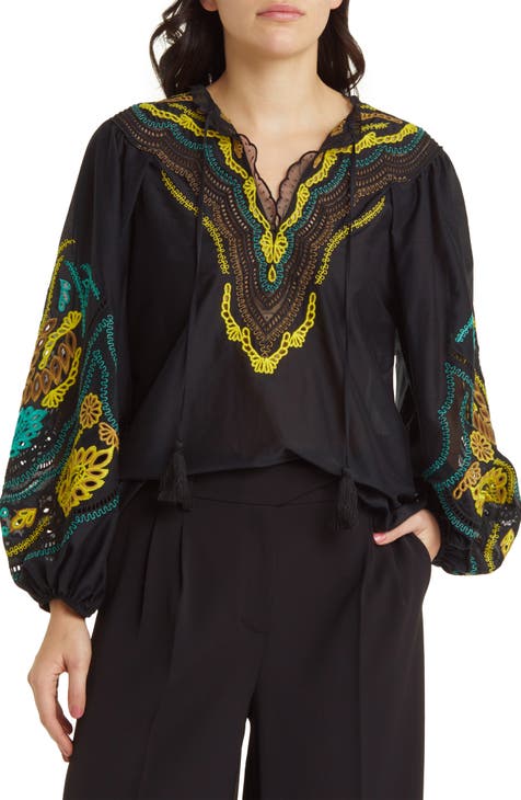 Kobi Halperin Silk deals Embroidered V-neck Long Bell Sleeve Blouse tunic