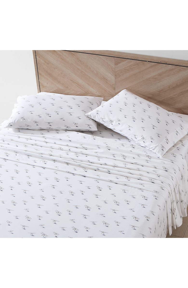 Eddie Bauer Sea Planes 200 Thread Count 100% Cotton Percale Sheet Set, Alternate, color, Off White/Blue