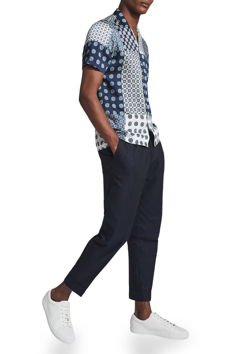 Reiss Jamie Patchowork Mix Print Short Sleeve Button-Up Shirt, Alternate, color, Blue