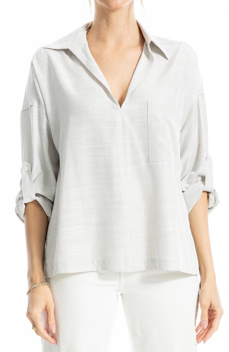 MAX STUDIO Stripe Collared Top, Alternate, color, Off White/ Taupe Mini