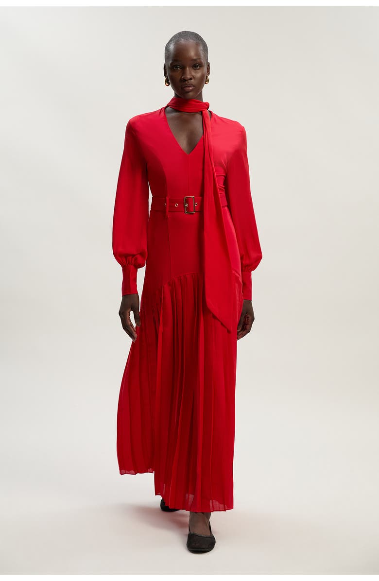 Karen Millen Jersey Ponte Georgette Mix Midi Dress, Main, color, Red