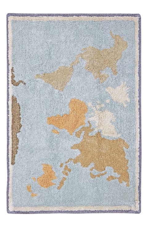Mini World Map Washable Cotton Blend Rug