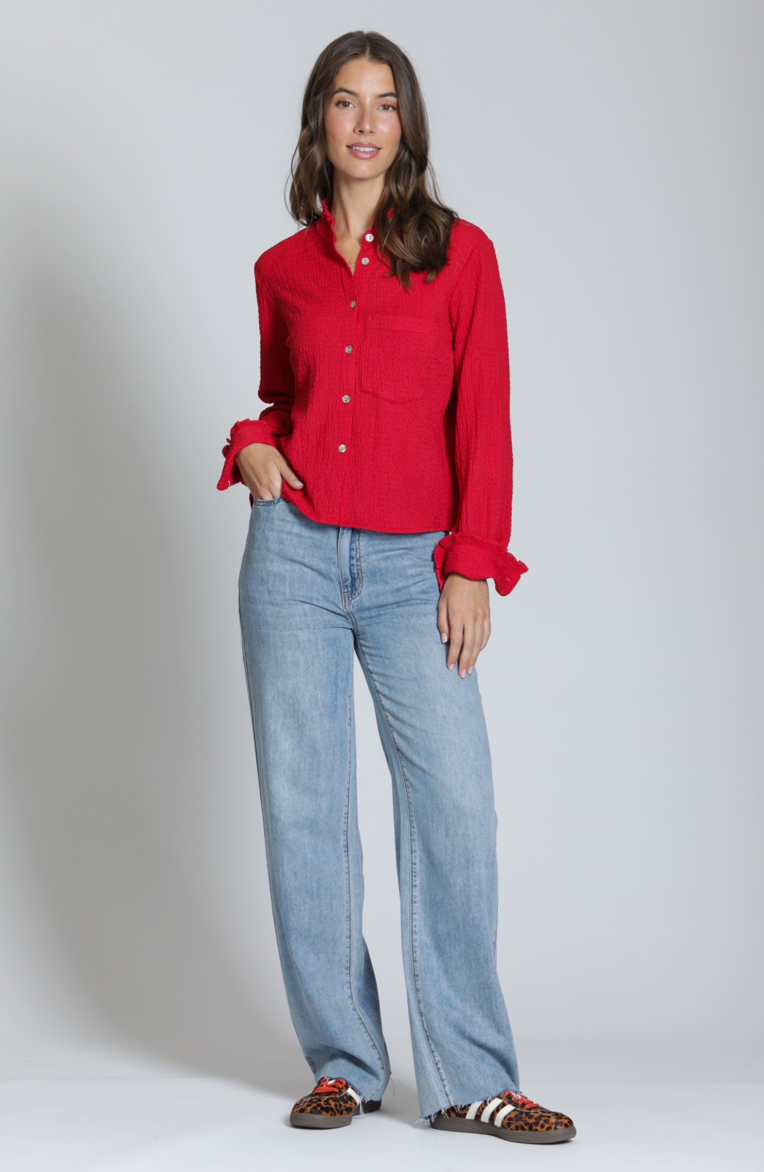 APNY Ruffle Long Sleeve Crop Button-Up Shirt (Women) | Nordstrom