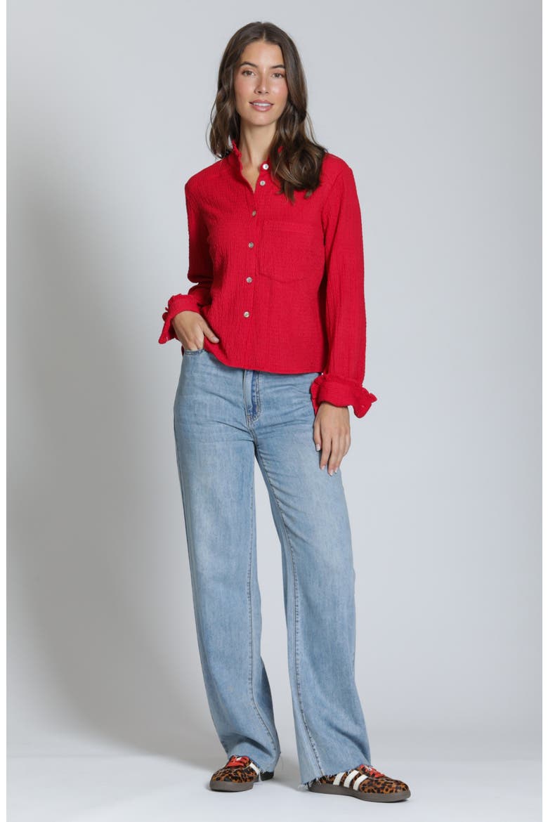 Ruffle Long Sleeve Crop Button-Up Shirt, Alternate, color, RED