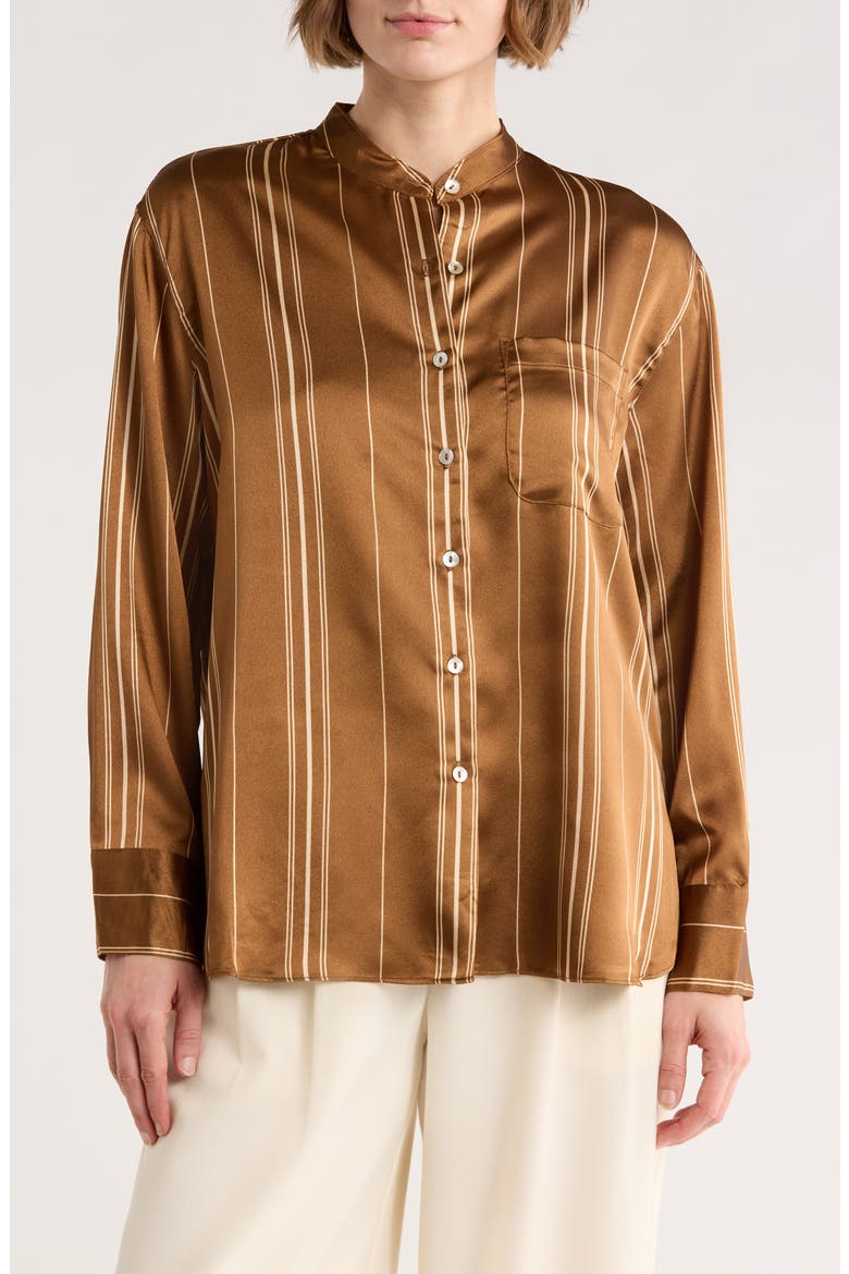 Stripe Satin Button-Up Shirt, Main, color, BRONZE/ WHITE STRIPE