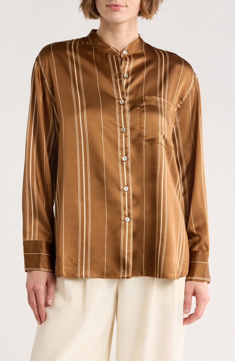 ELIE ELIE TAHARI Stripe Satin Button-Up Shirt, Main, color, Bronze/ White Stripe