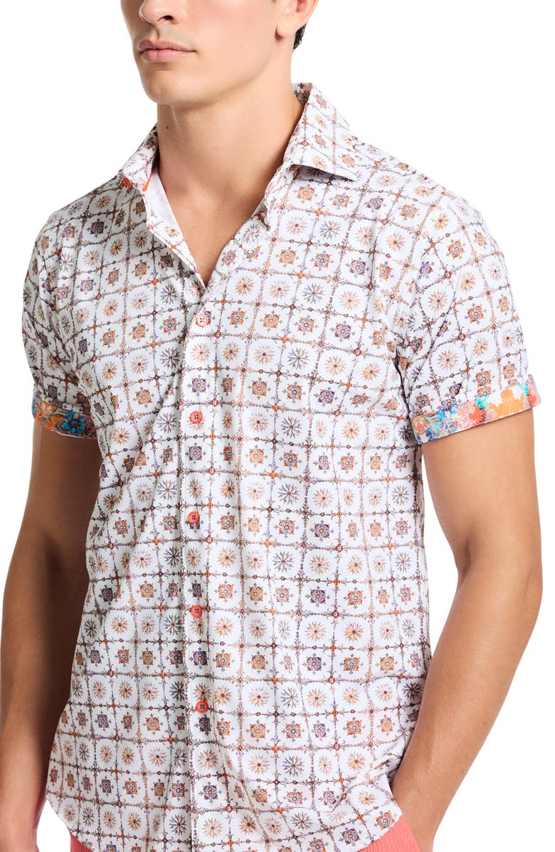 Robert Graham Kai Classic Fit Medallion Print Short Sleeve Knit Button-Up Shirt, Alternate, color, Multi