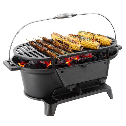 Oval Cast Iron Portable Hibachi Grill for Outdoor Use and Camping