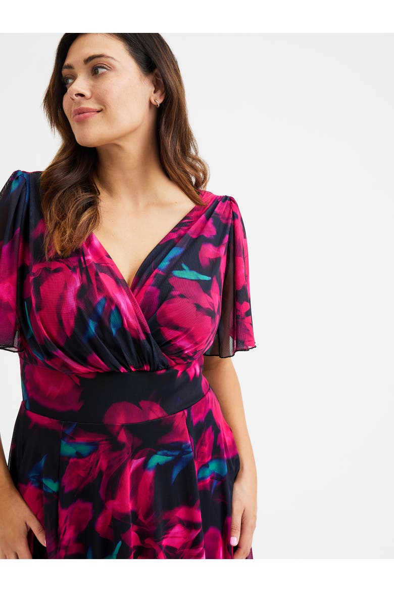 Victoria Floral Angel Sleeve Midi Dress, Alternate, color, Black Lipstick Rose