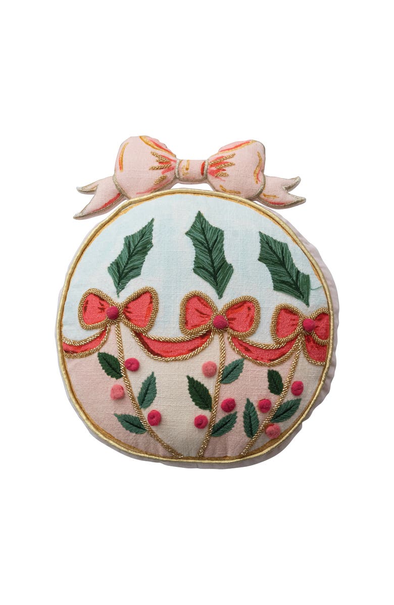 Storied Home Slub Printed Ornament Shaped Pillow with Embroidery, Pom Poms, Holly, Bows, Beads, and Velvet Back, Multicolor, Main, color, Pink