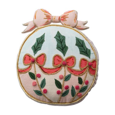 Slub Printed Ornament Shaped Pillow with Embroidery, Pom Poms, Holly, Bows, Beads, and Velvet Back, Multicolor