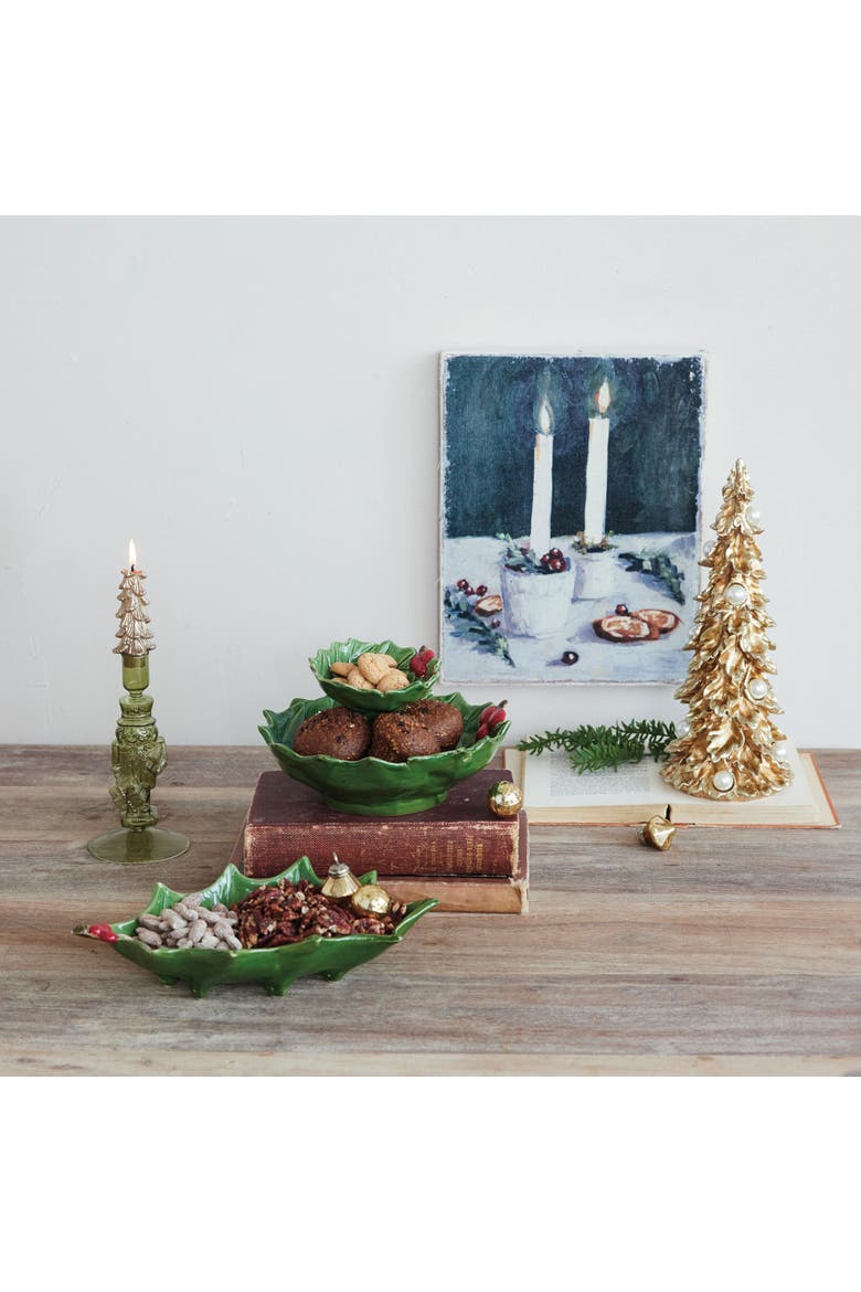 Hand-Painted Dolomite Holly Bowl with Berries, Main, color, Red and Green