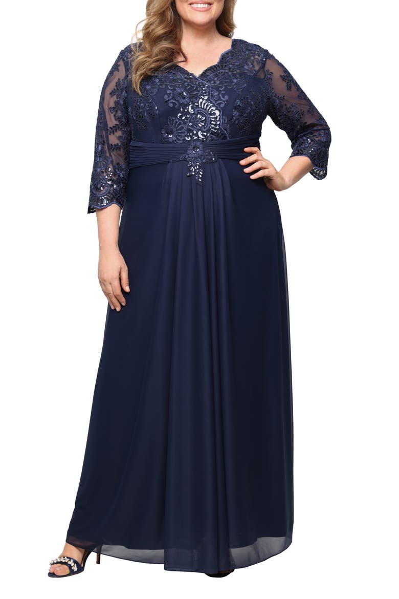 Sequin Embroidered Chiffon Gown, Main, color, NAVY