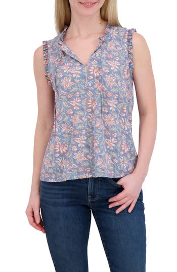 Lucky Brand Ruffle Split Neck Cotton Blend Tank