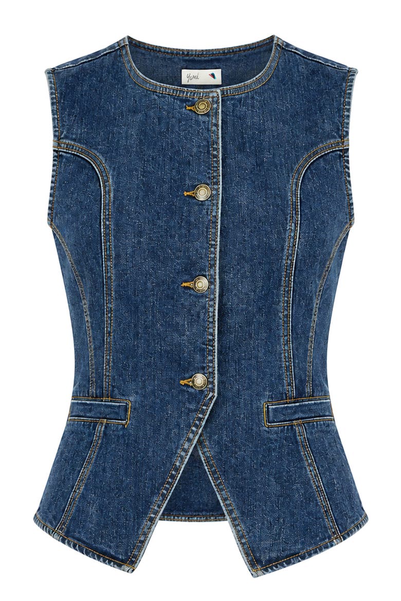 Stretch Long Denim Waistcoat, Alternate, color, Blue