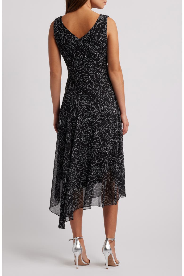 Floral Asymmetric Hem Chiffon Midi Dress, Alternate, color, BLACK
