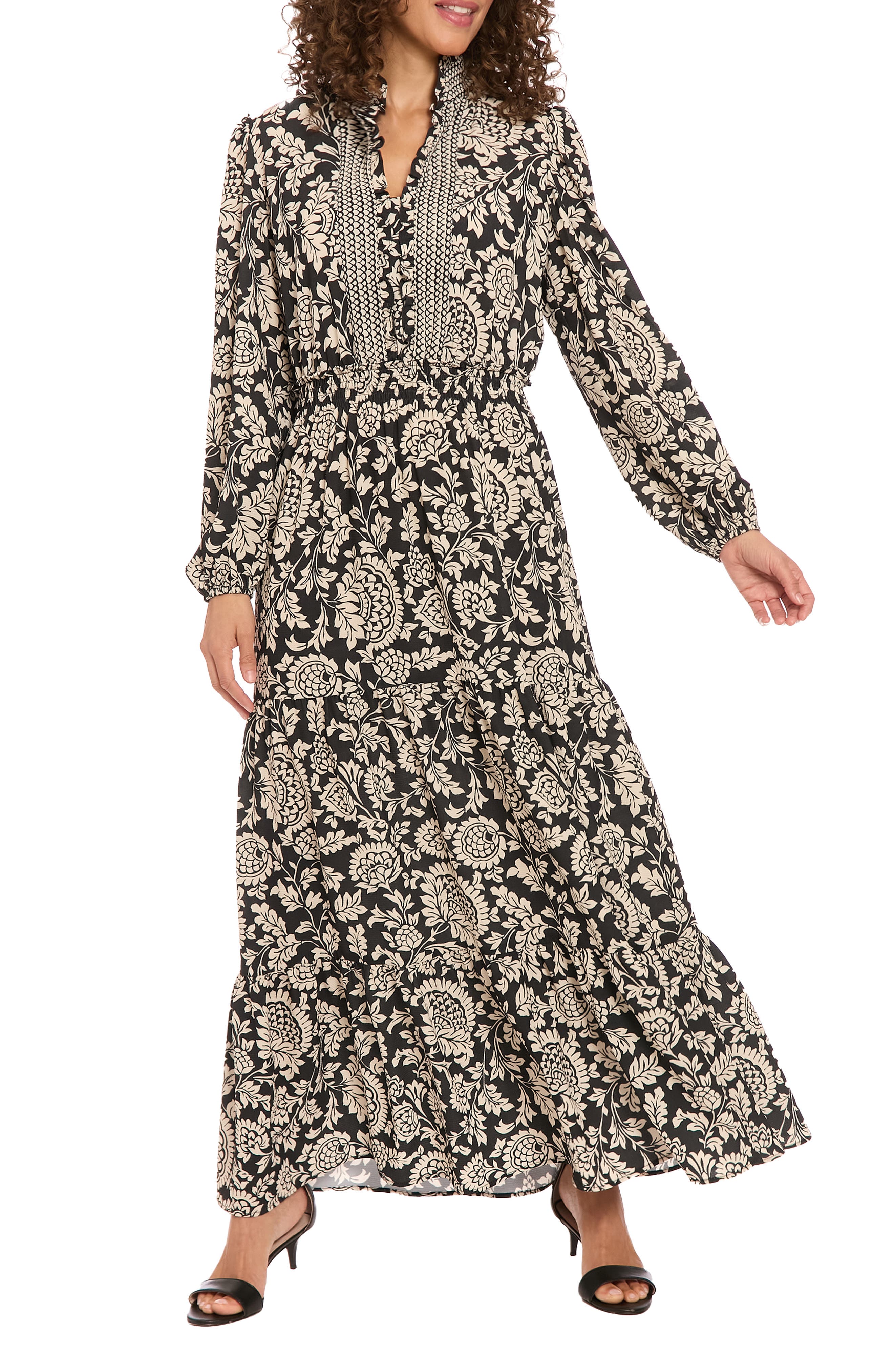 Long Sleeve Bubble Crepe Tiered Maxi Dress