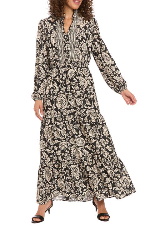 Long Sleeve Bubble Crepe Tiered Maxi Dress