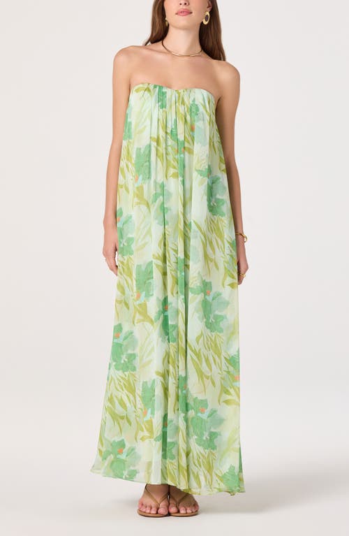 ASTR the Label Aileen Strapless Chiffon Maxi Dress in Green Tropical at Nordstrom, Size Small