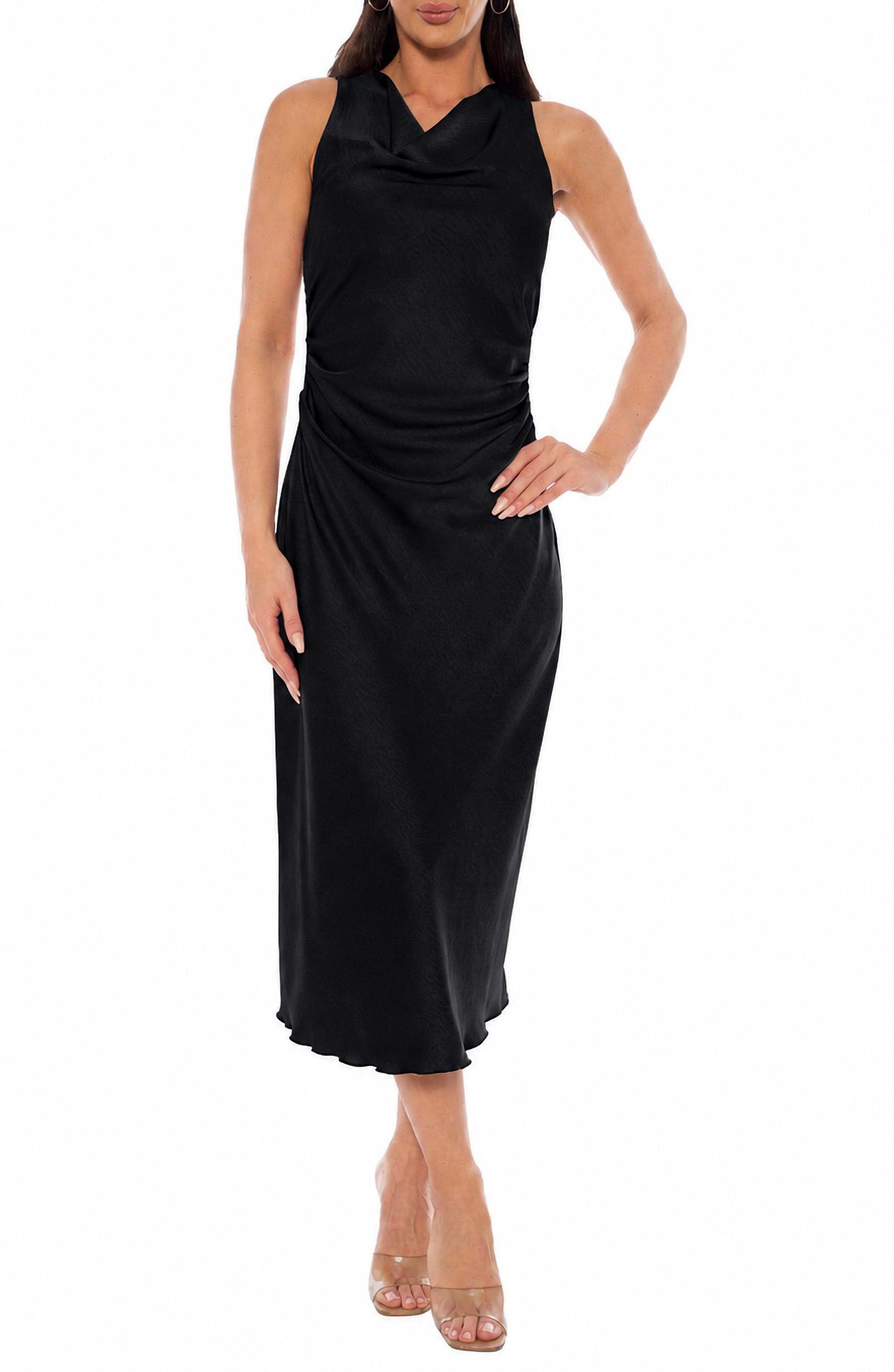 bebe Crepe Satin Cowl Neck Midi Dress