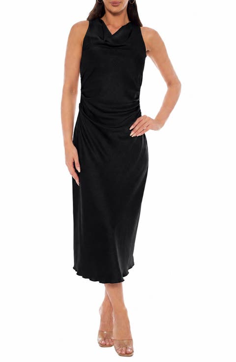 Crepe Satin Cowl Neck Midi Dress