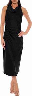 bebe Crepe Satin Cowl Neck Midi Dress
