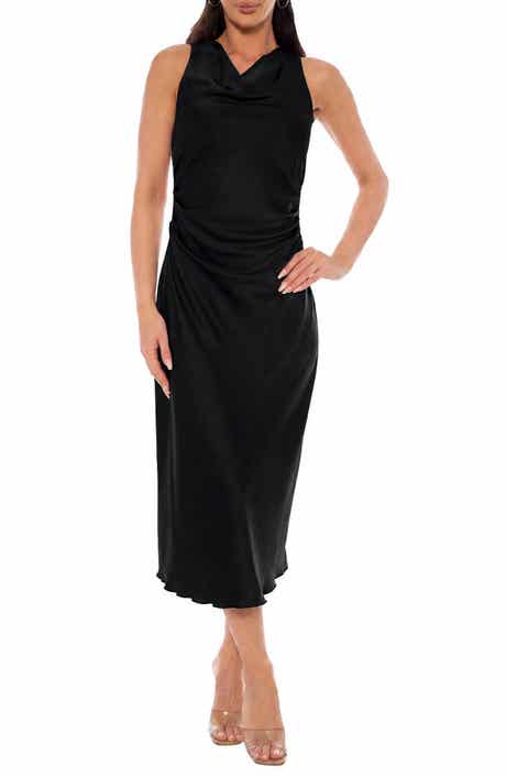 bebe Crepe Satin Cowl Neck Midi Dress