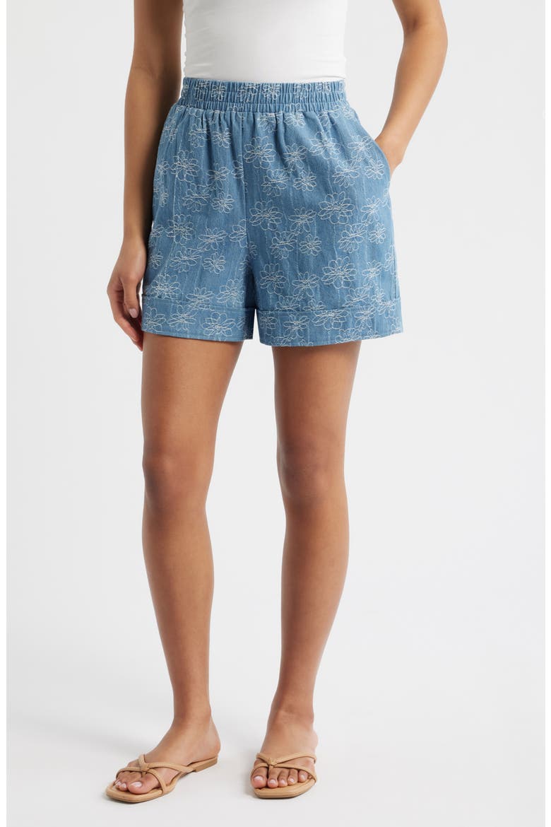Floral Print Denim Shorts, Main, color, DENIM/CLOUD DANCER