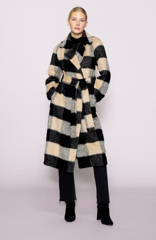 Melloday Buffalo Plaid Fuzzy Trench Coat In Black