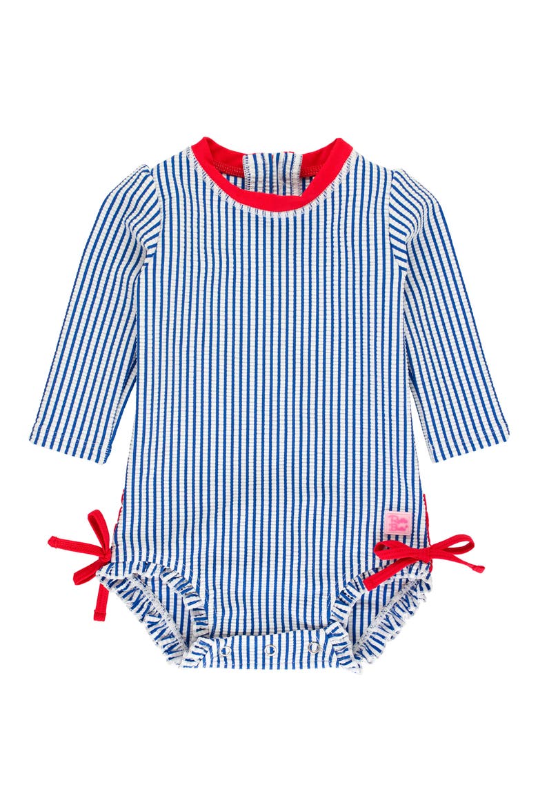 Seersucker Long Sleeve One-Piece Swimsuit, Main, color, BLUE SEERSUCKER