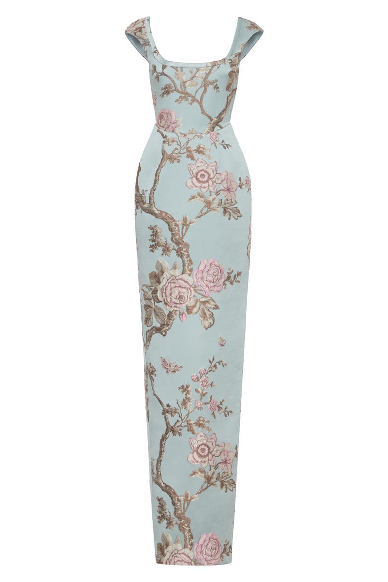 Brooke Floral Brocade Column Gown, Alternate, color, BLUE ASH