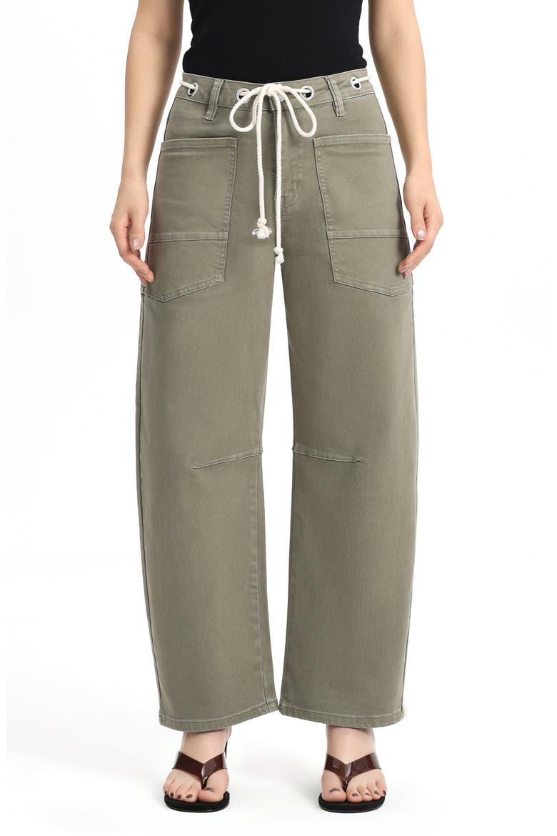 High Waist Drawstring Barrel Leg Jeans, Main, color, GREEN