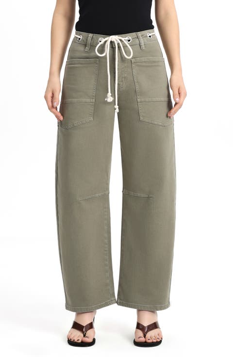 High Waist Drawstring Barrel Leg Jeans