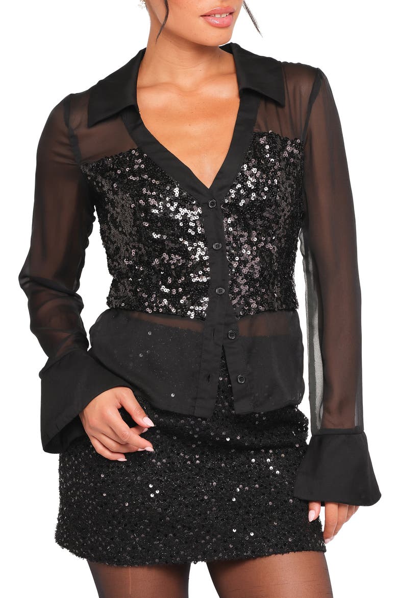 Eliana Sequin Mesh Long Sleeve Button-Up Shirt, Main, color, BLACK