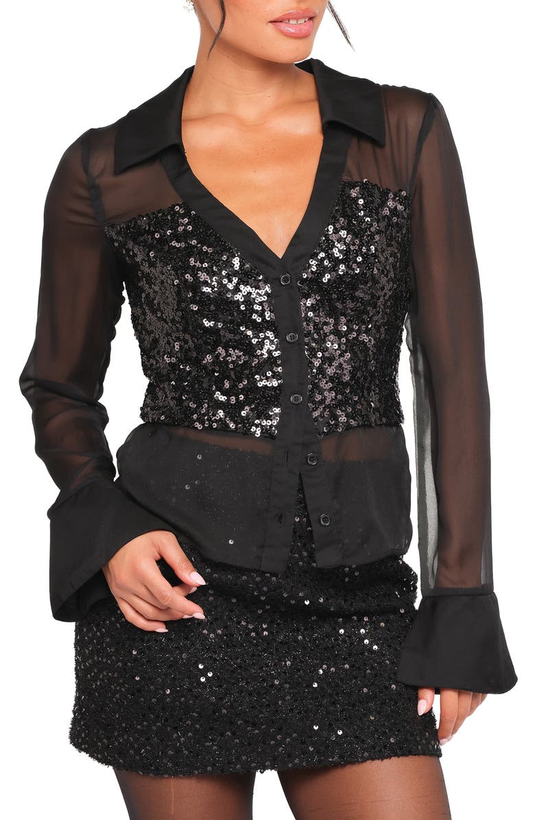 Petal & Pup Eliana Sequin Mesh Long Sleeve Button-Up Shirt, Main, color,