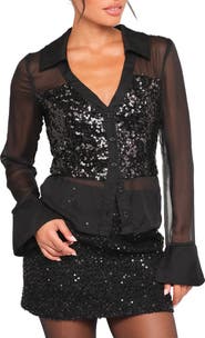 Petal & Pup Eliana Sequin Mesh Long Sleeve Button-Up Shirt