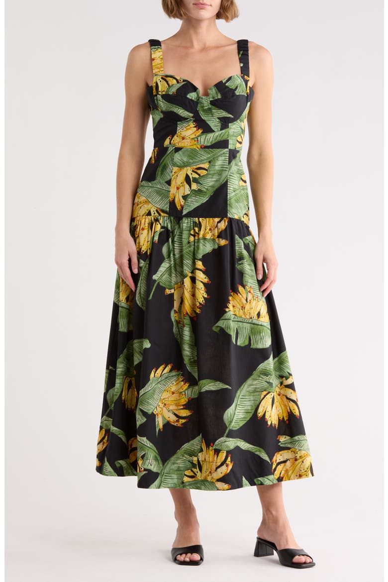Tropical Print Fit & Flare Midi Sundress, Main, color, BLACK PARAISO
