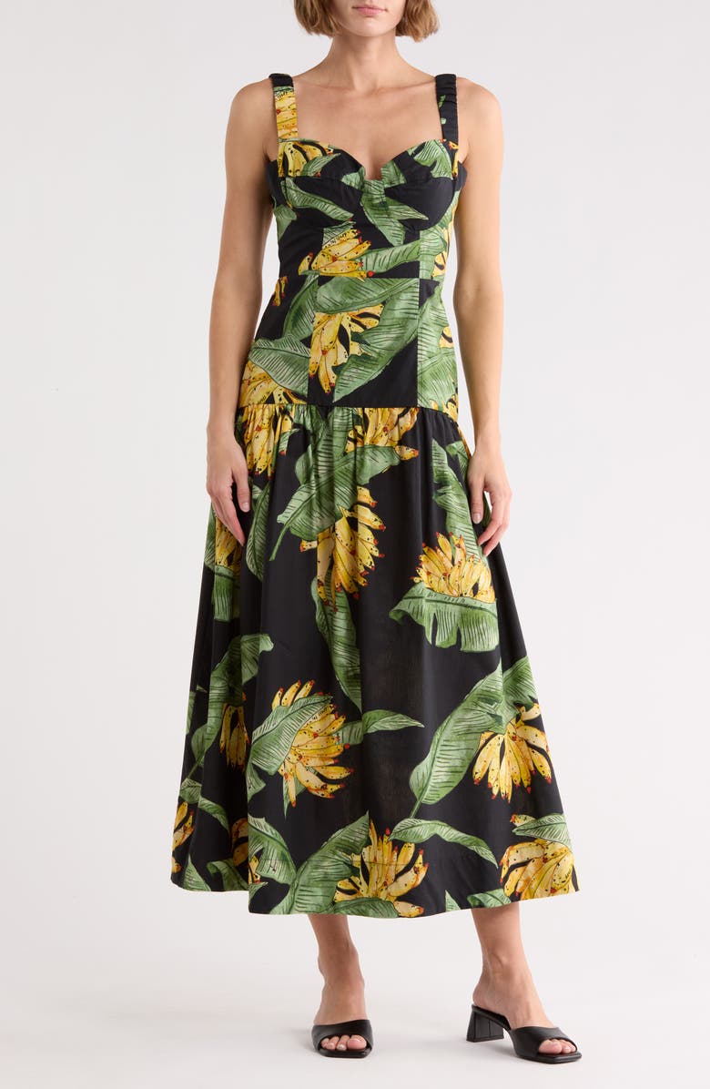 DRESS TO Tropical Print Fit & Flare Midi Sundress, Main, color, Black Paraiso