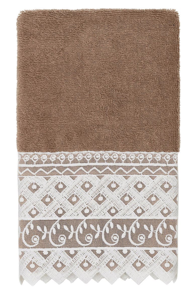 100% Turkish Cotton Aiden 3-Piece White Lace Embellished Towel Set, Alternate, color, LIGHT BROWN