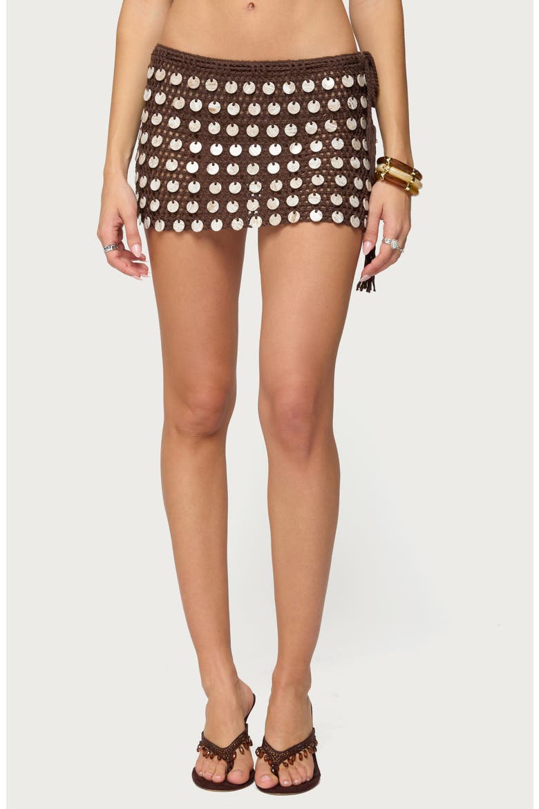 Alora Iridescent Open Stitch Miniskirt, Main, color, BROWN